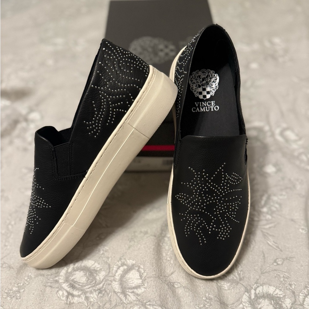 Vince Camuto Black and White Studded Leather Slip-on Sneakers, NIB!